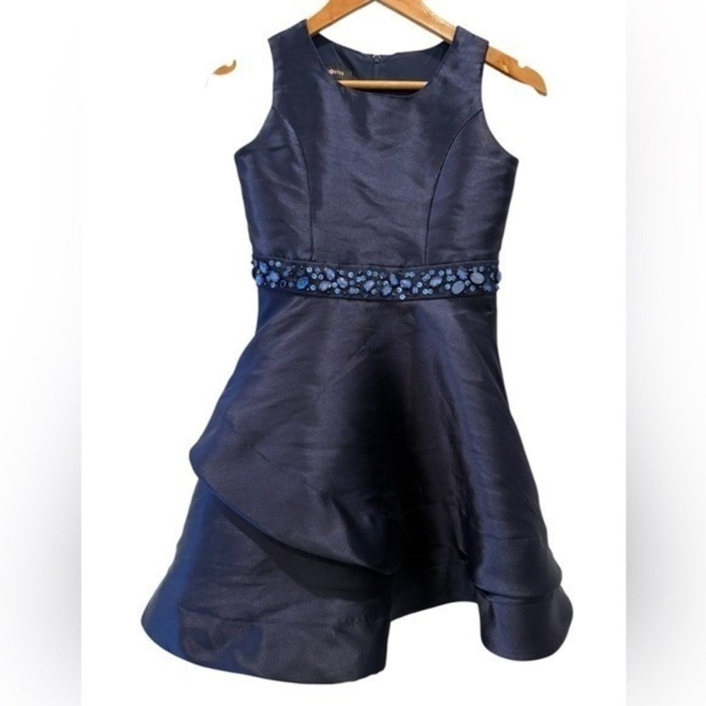 Amy Byer Girls Navy Blue Taffeta Embellished Party Dress Size 12 High-Low Ruffle
